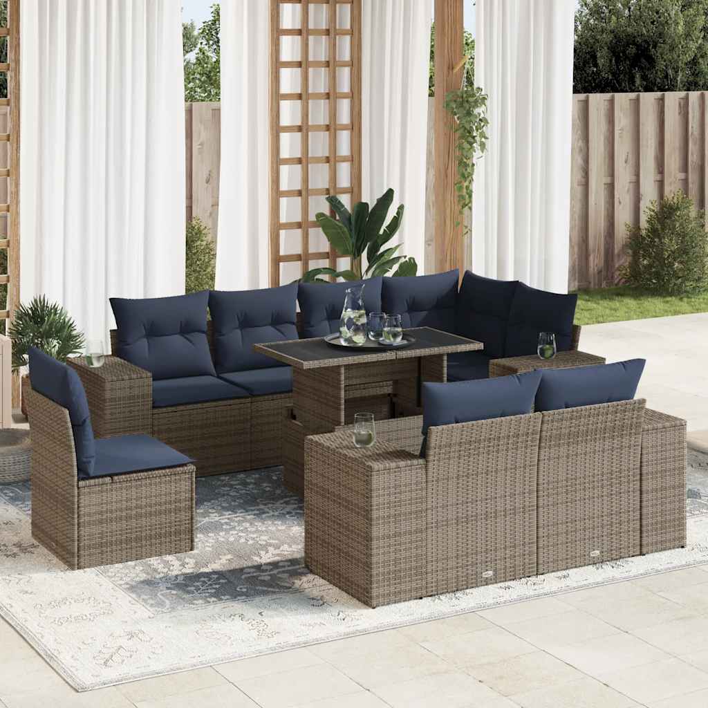vidaXL Salon de jardin avec coussins 9 pcs gris résine tressée acacia