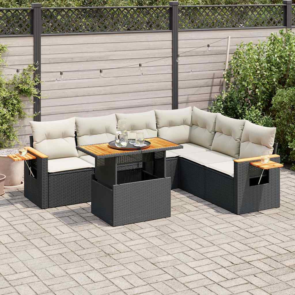vidaXL Salon de jardin avec coussins 7 pcs noir résine tressée acacia
