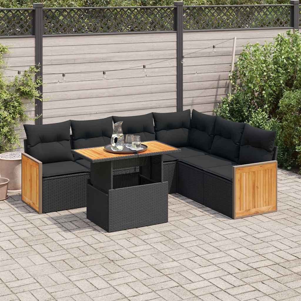 vidaXL Salon de jardin avec coussins 7 pcs noir résine tressée acacia