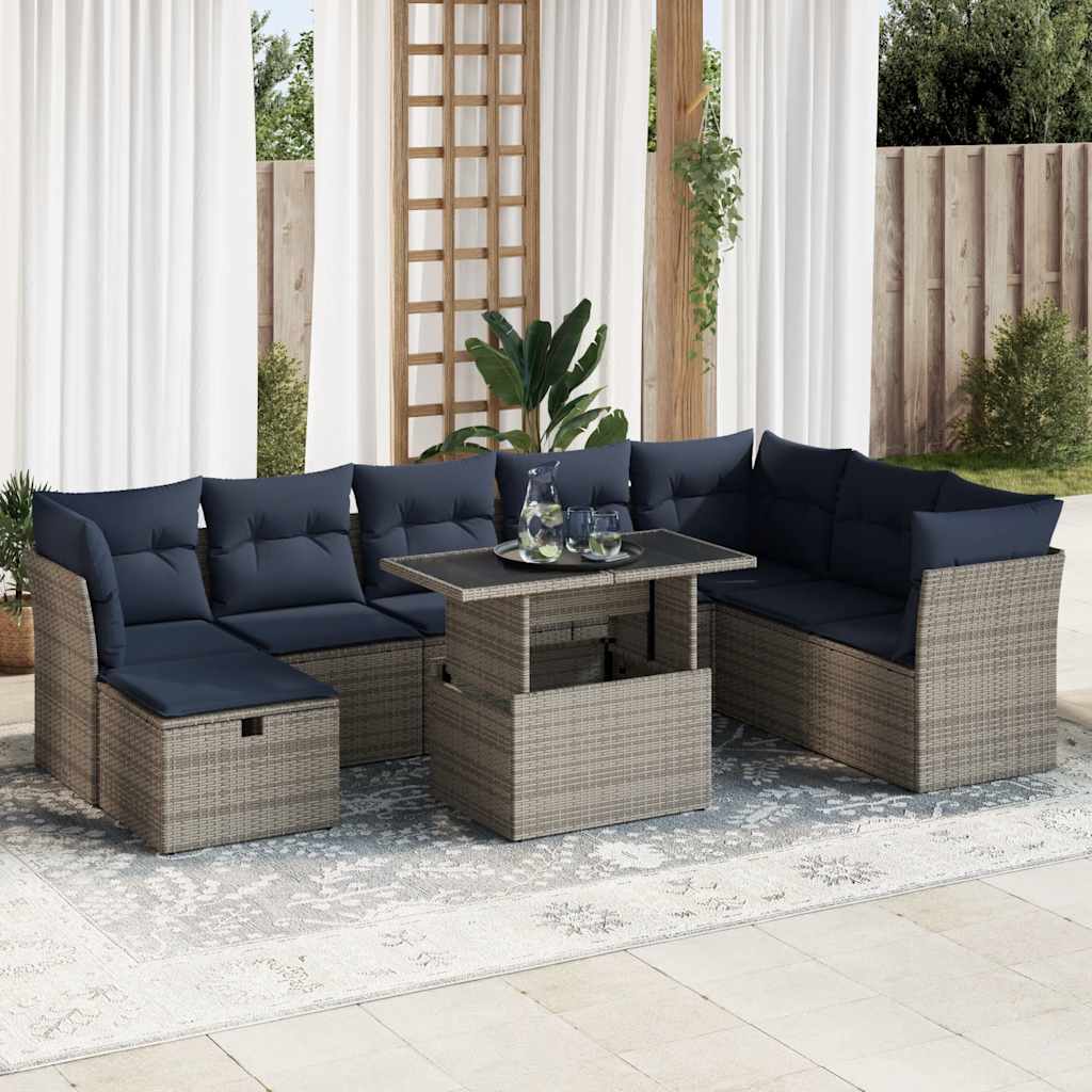 vidaXL Salon de jardin avec coussins 9 pcs gris résine tressée acacia