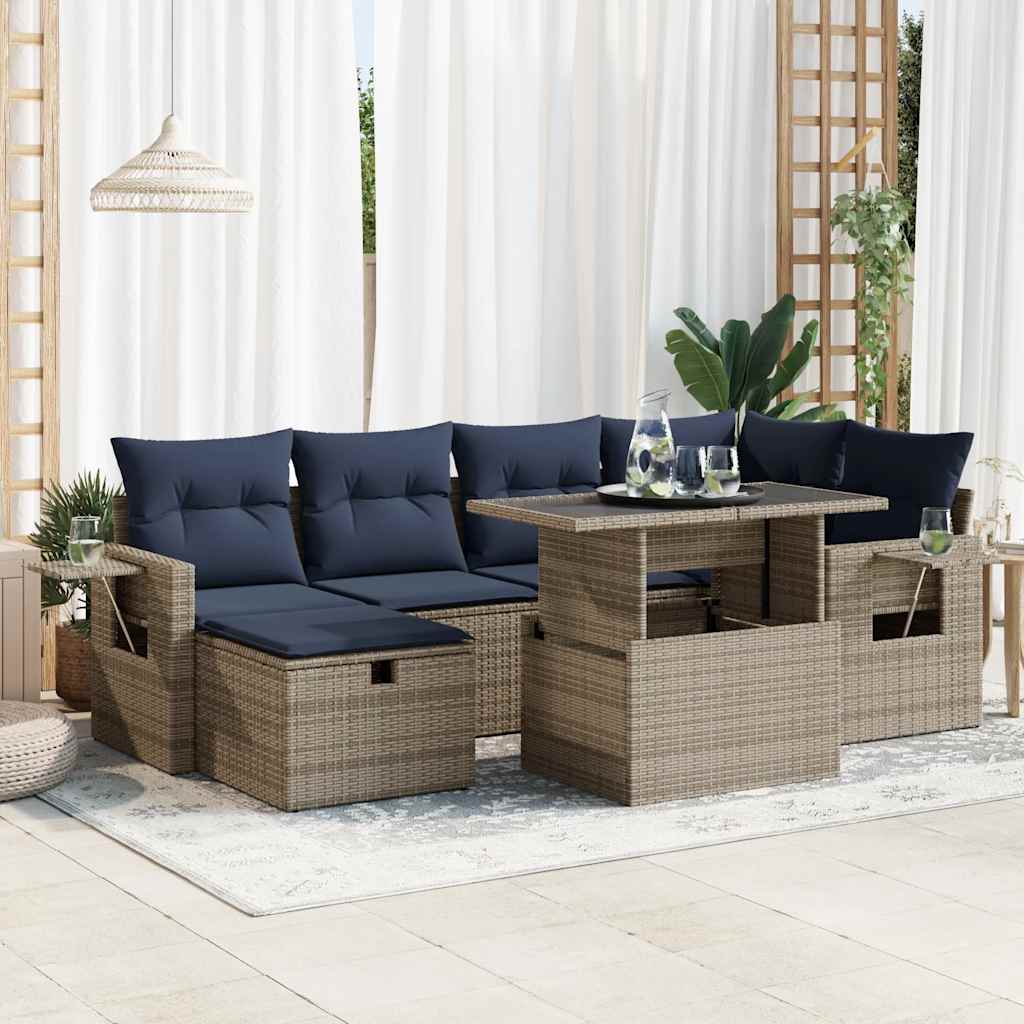vidaXL Salon de jardin avec coussins 7pcs gris résine tressée acacia
