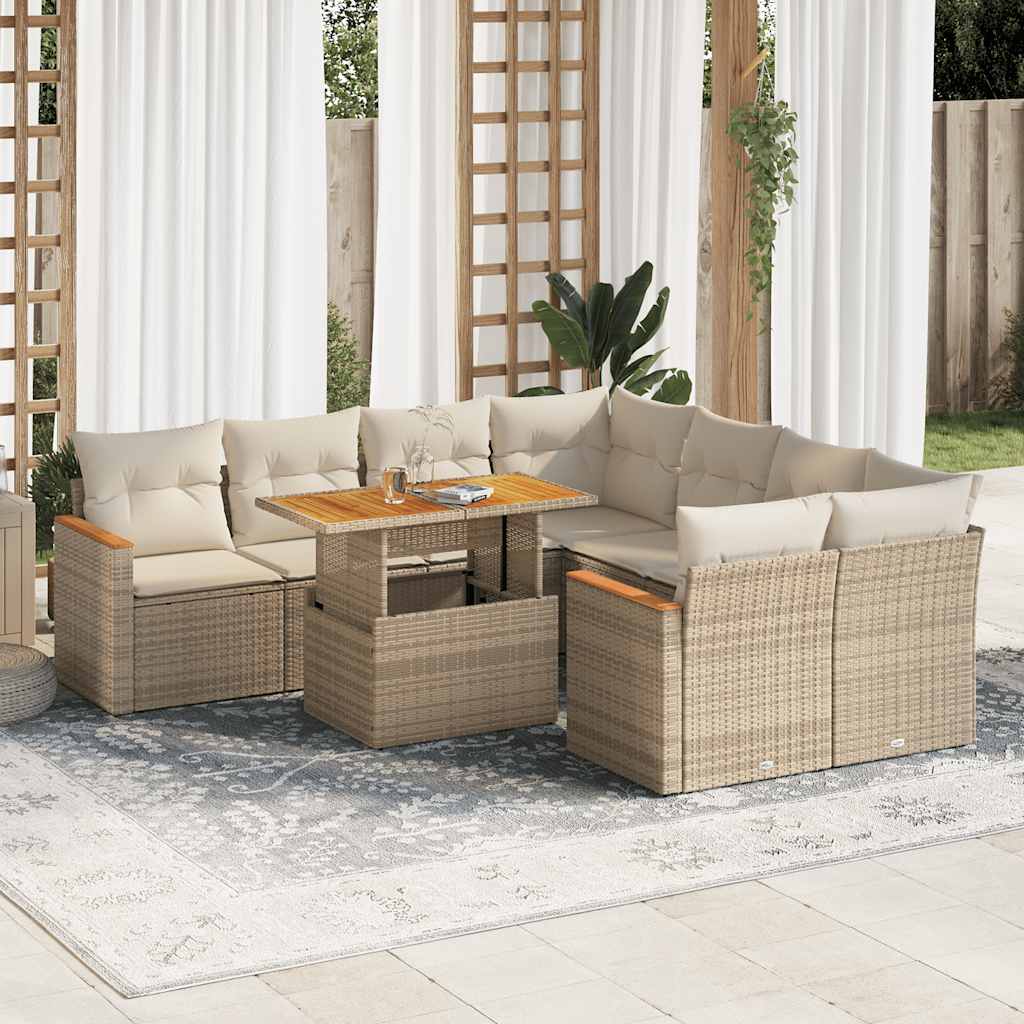 vidaXL Salon de jardin avec coussins 9 pcs beige résine tressée acacia