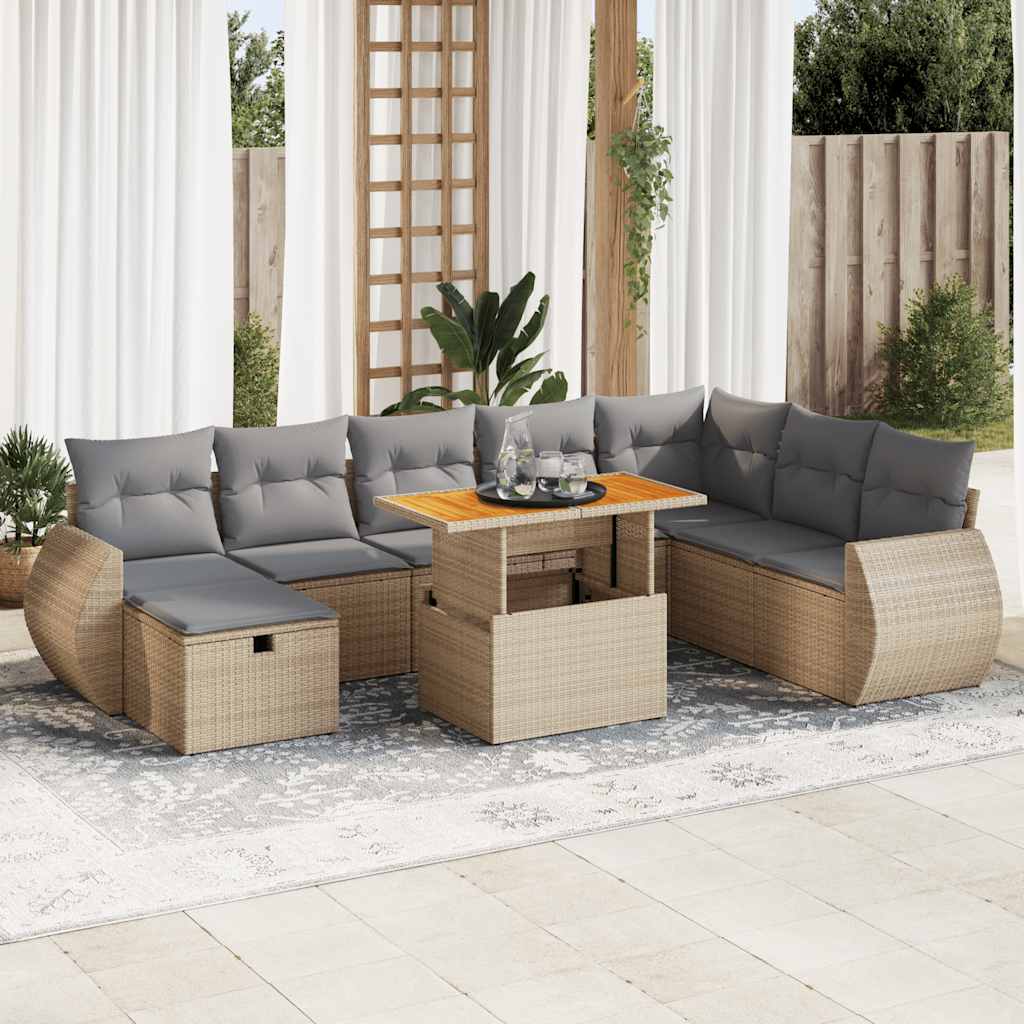 vidaXL Salon de jardin avec coussins 9 pcs beige résine tressée acacia