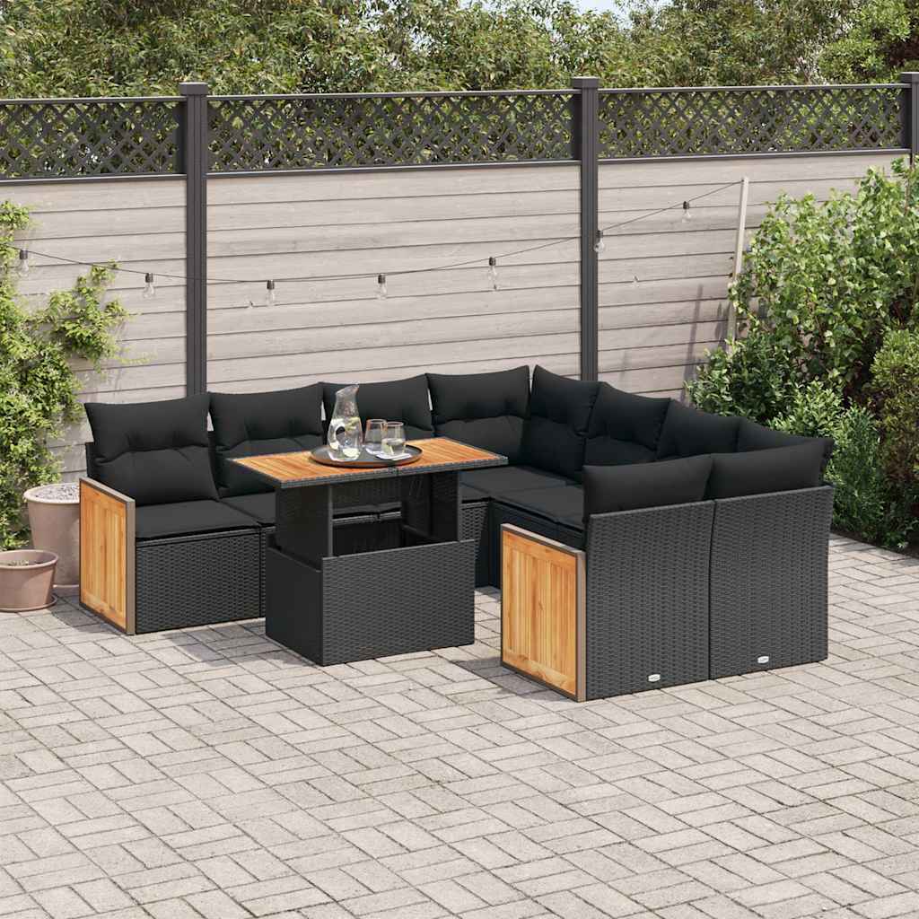 vidaXL Salon de jardin avec coussins 9 pcs noir résine tressée acacia