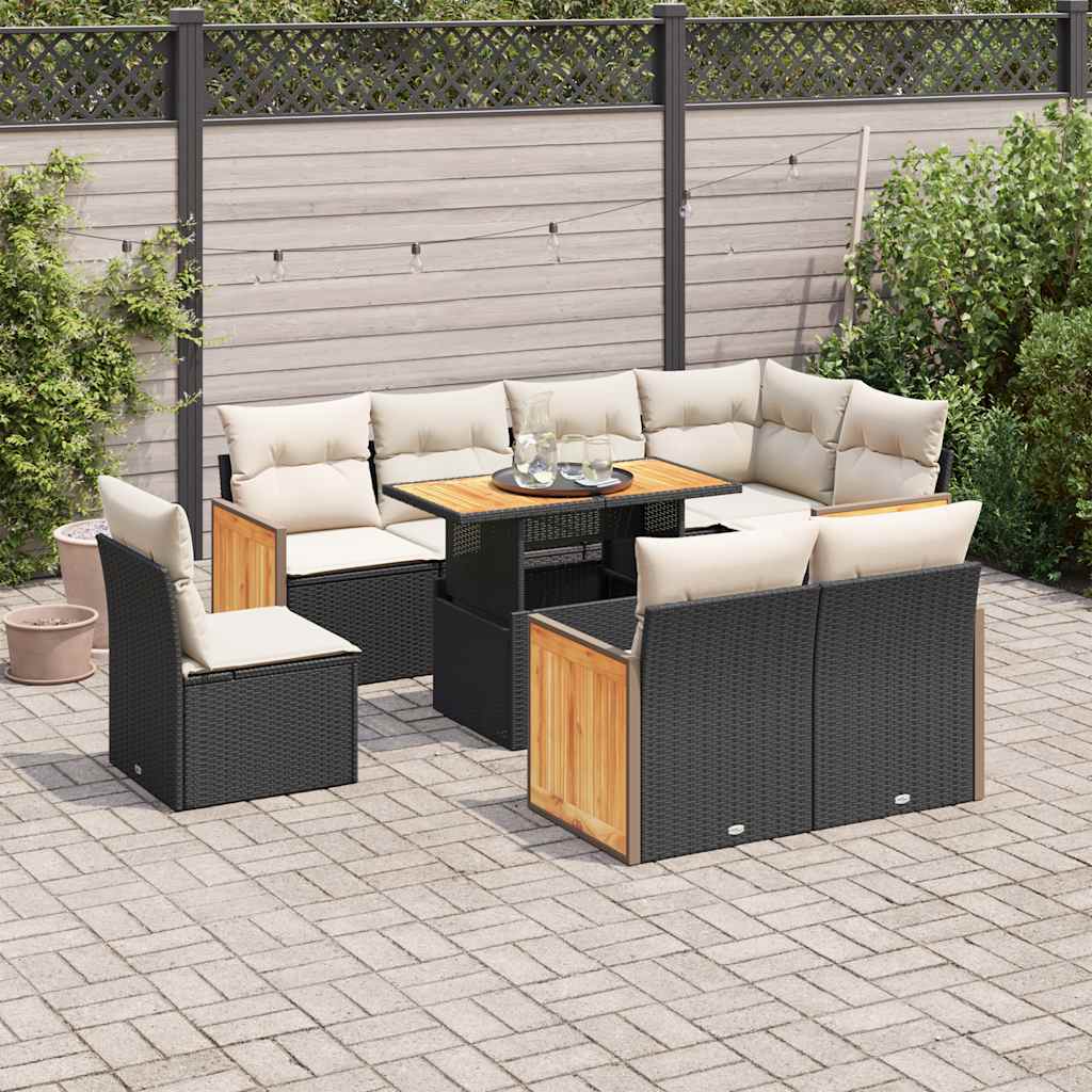 vidaXL Salon de jardin avec coussins 9 pcs noir résine tressée acacia