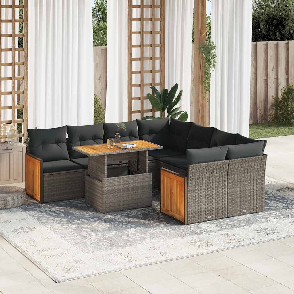 vidaXL Salon de jardin avec coussins 9 pcs gris résine tressée acacia