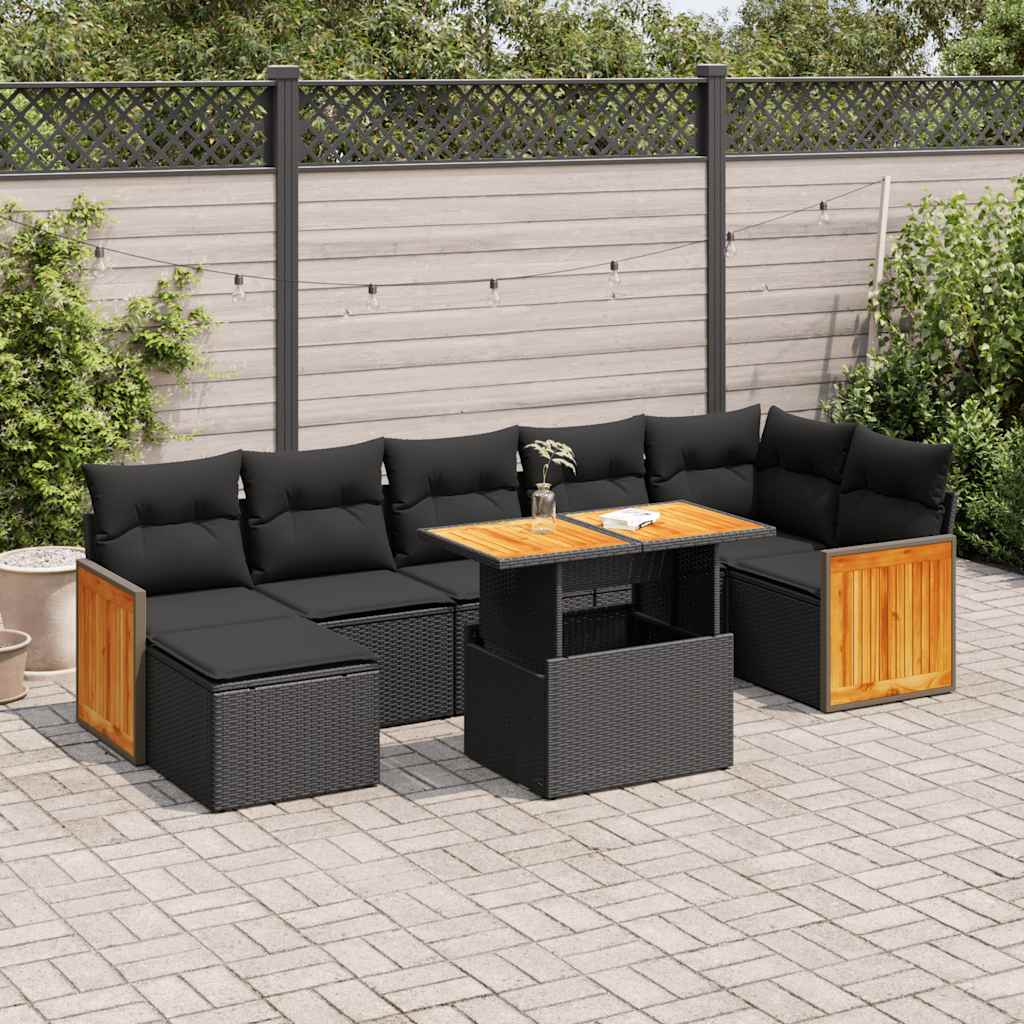 vidaXL Salon de jardin avec coussins 8 pcs noir résine tressée acacia