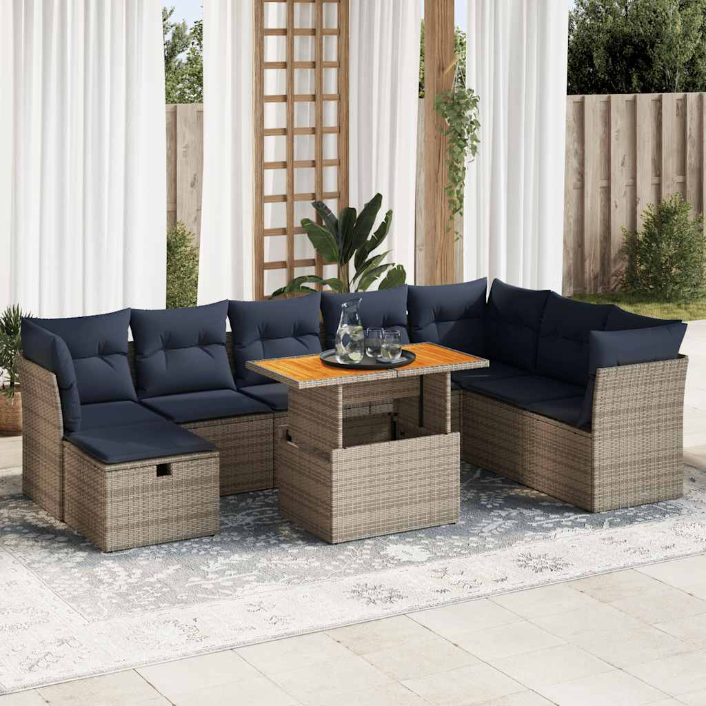 vidaXL Salon de jardin avec coussins 9pcs marron résine tressée acacia