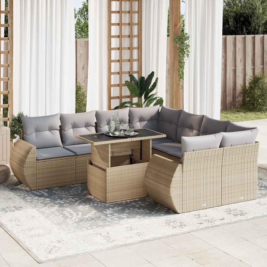 vidaXL Salon de jardin avec coussins 9 pcs beige résine tressée