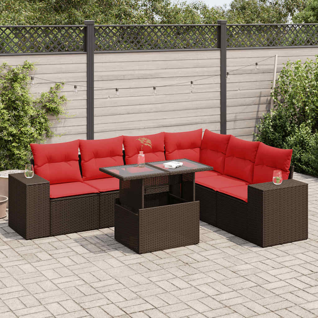 vidaXL Salon de jardin et coussins 7 pcs marron résine tressée acacia