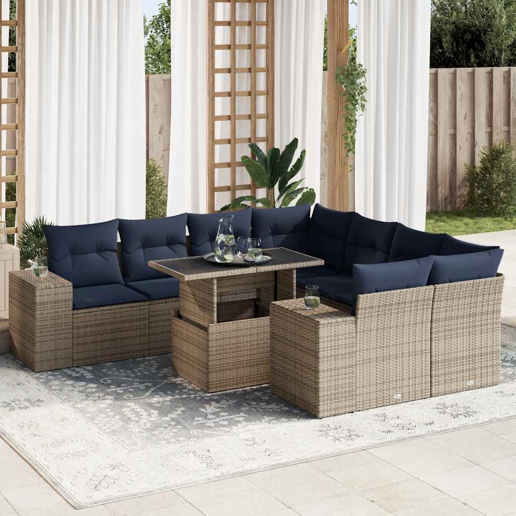 vidaXL Salon de jardin avec coussins 9 pcs gris résine tressée acacia