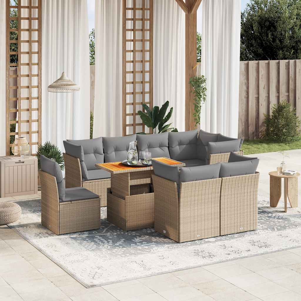 vidaXL Salon de jardin avec coussins 9 pcs beige résine tressée