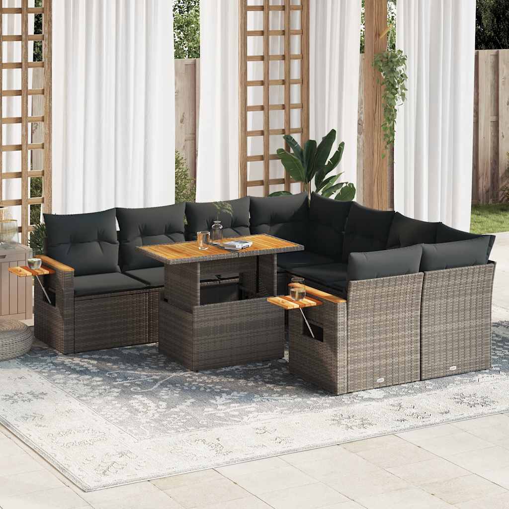 vidaXL Salon de jardin avec coussins 9 pcs gris résine tressée acacia