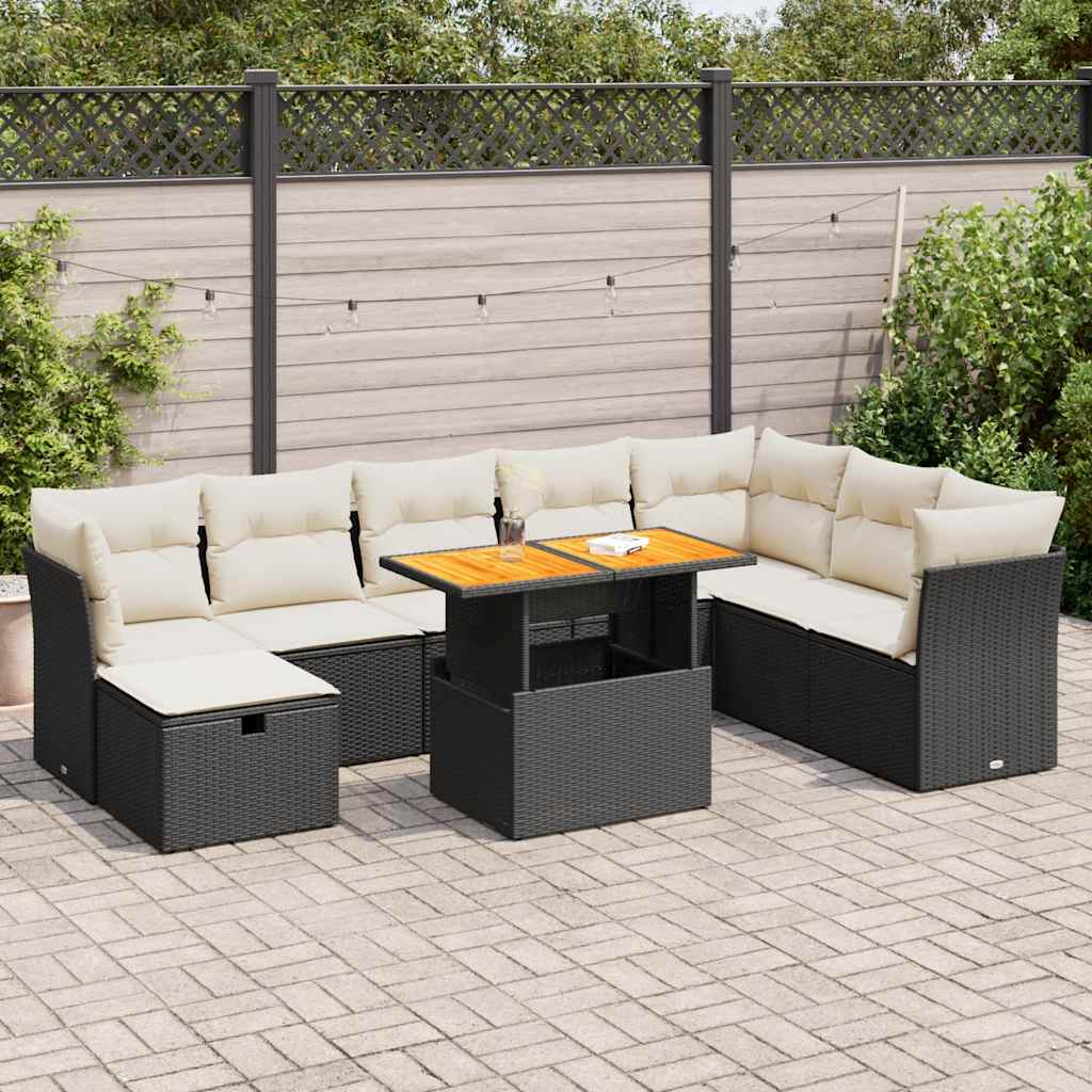 vidaXL Salon de jardin avec coussins 9 pcs noir résine tressée acacia