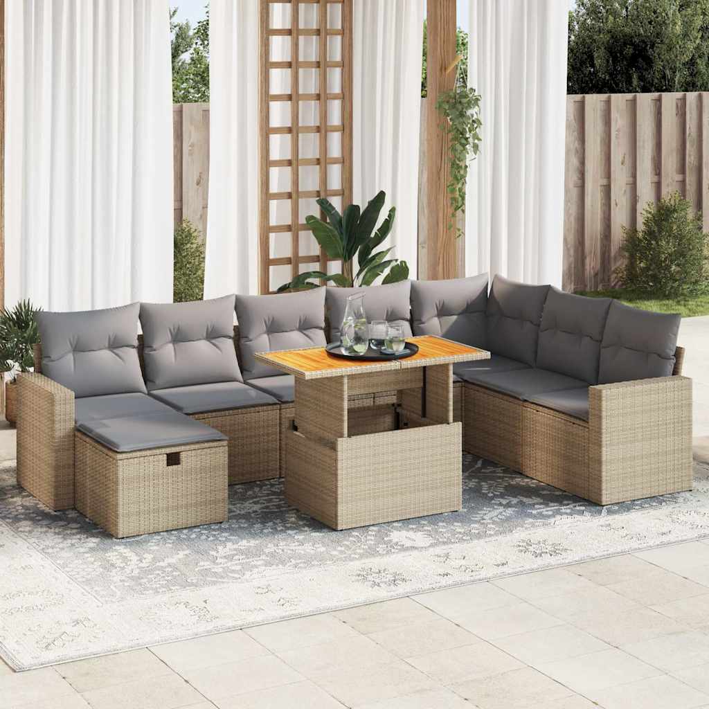 vidaXL Salon de jardin avec coussins 9 pcs beige résine tressée acacia