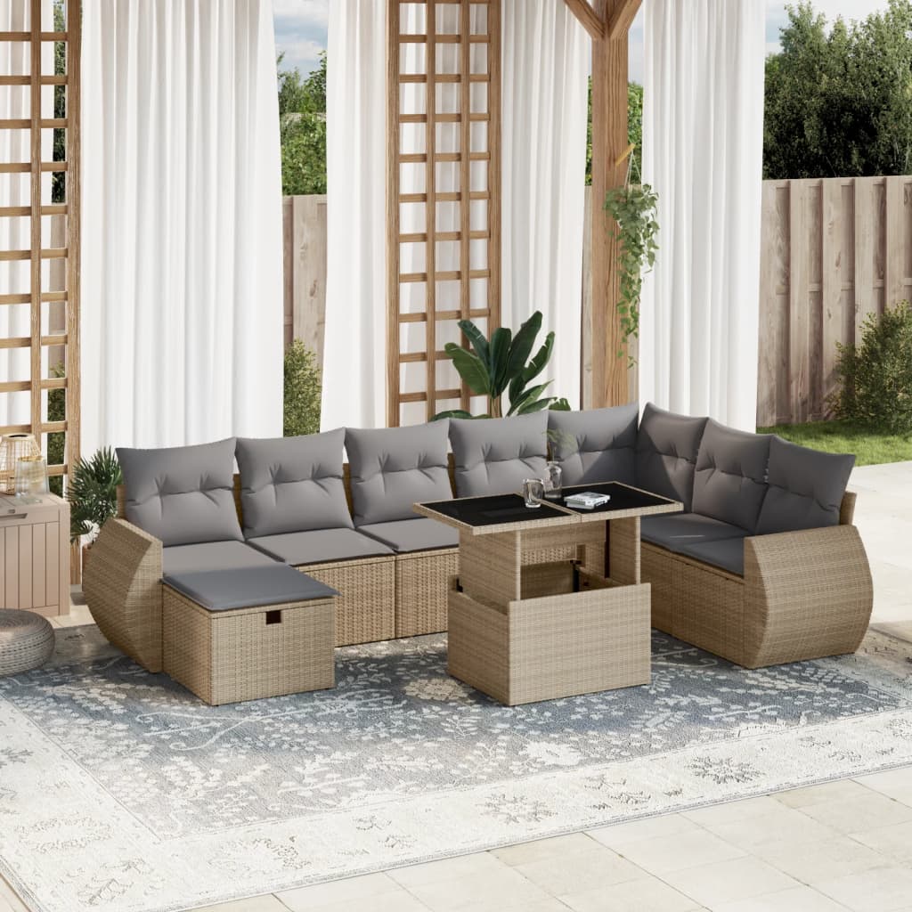 vidaXL Salon de jardin avec coussins 9 pcs beige résine tressée