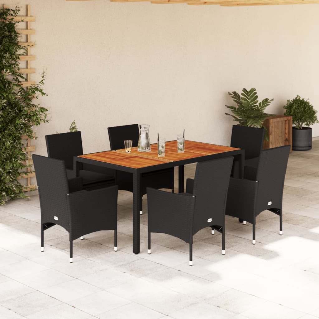 vidaXL Ensemble à manger de jardin et coussins 7pcs noir rotin acacia