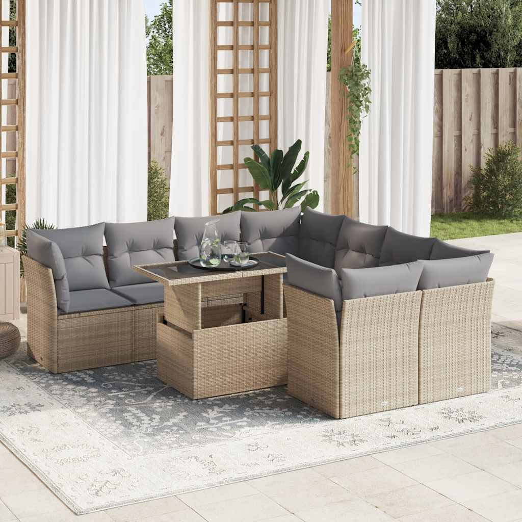 vidaXL Salon de jardin avec coussins 9 pcs beige résine tressée