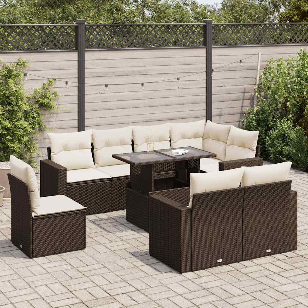 vidaXL Salon de jardin avec coussins 9 pcs marron résine tressée