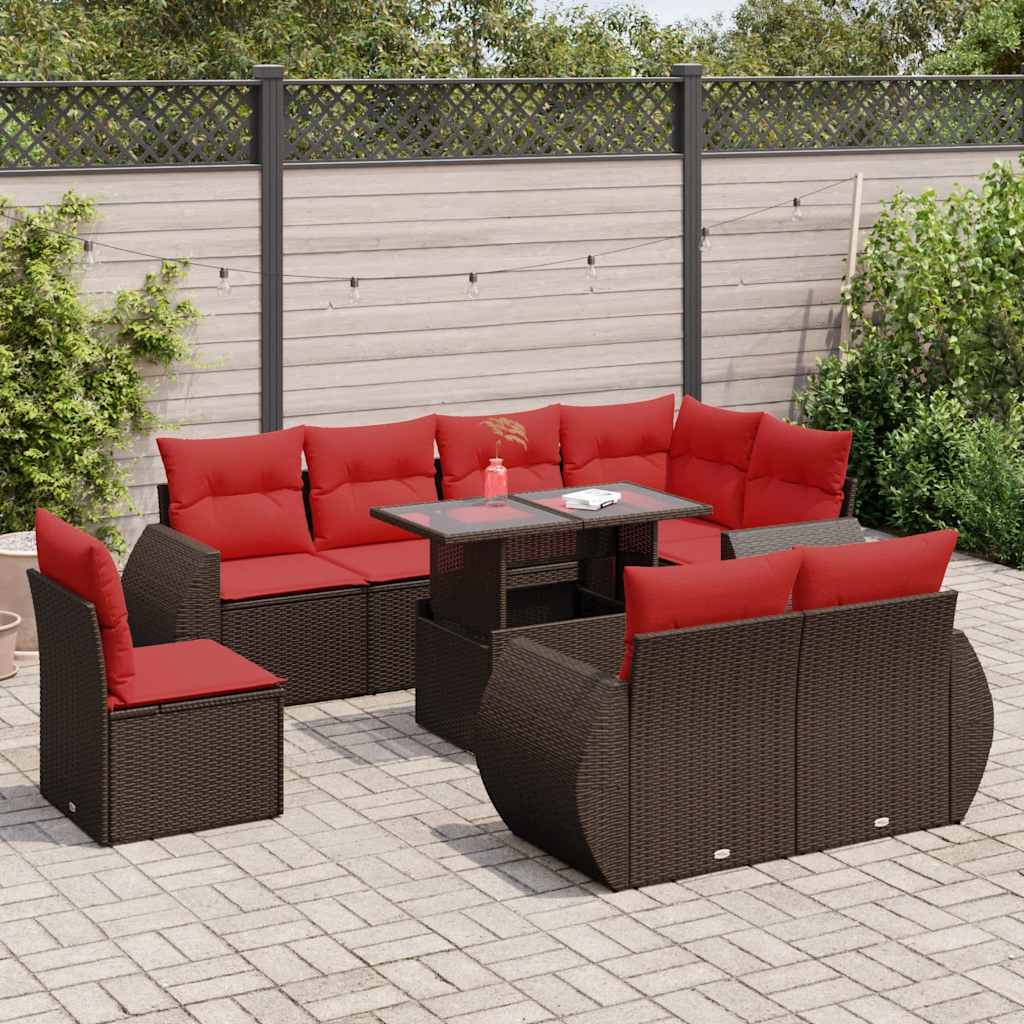 vidaXL Salon de jardin avec coussins 9pcs marron résine tressée acacia