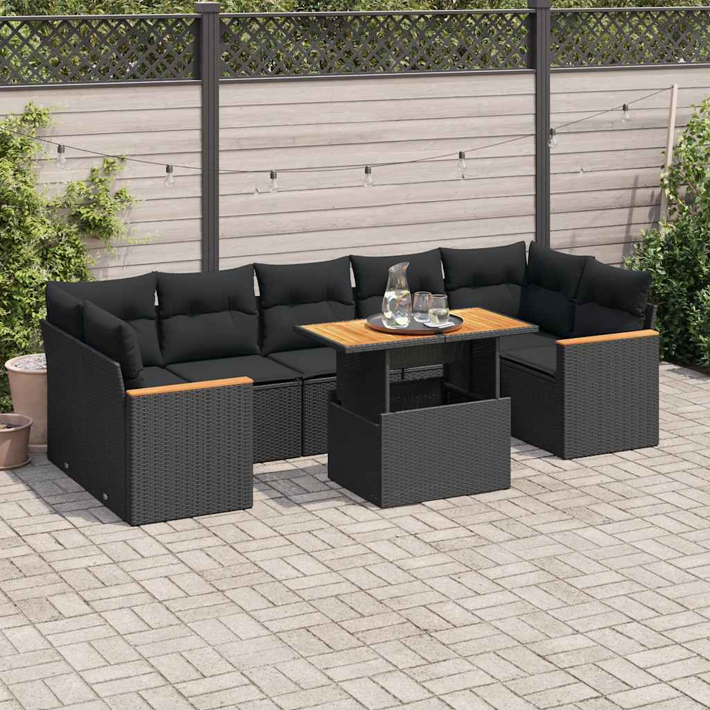 vidaXL Salon de jardin avec coussins 8 pcs noir résine tressée acacia