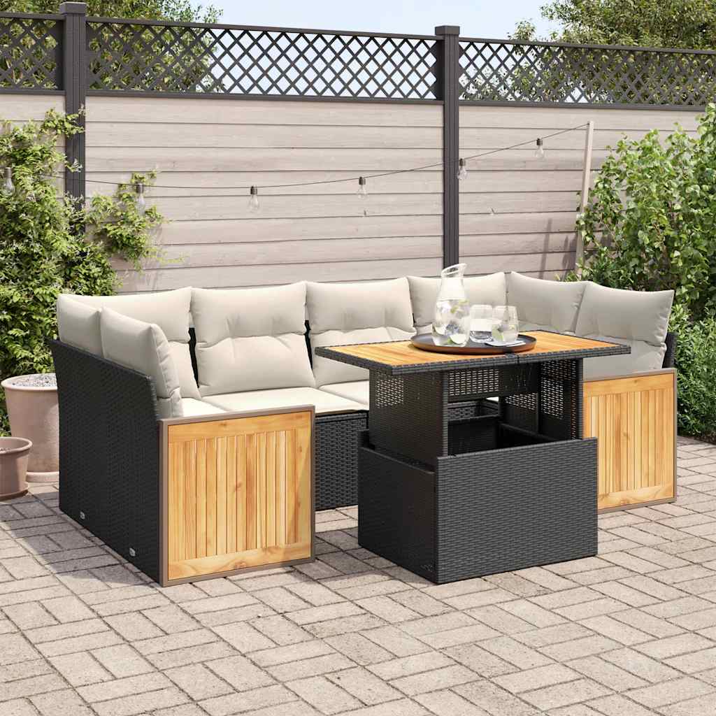 vidaXL Salon de jardin avec coussins 7 pcs noir résine tressée acacia