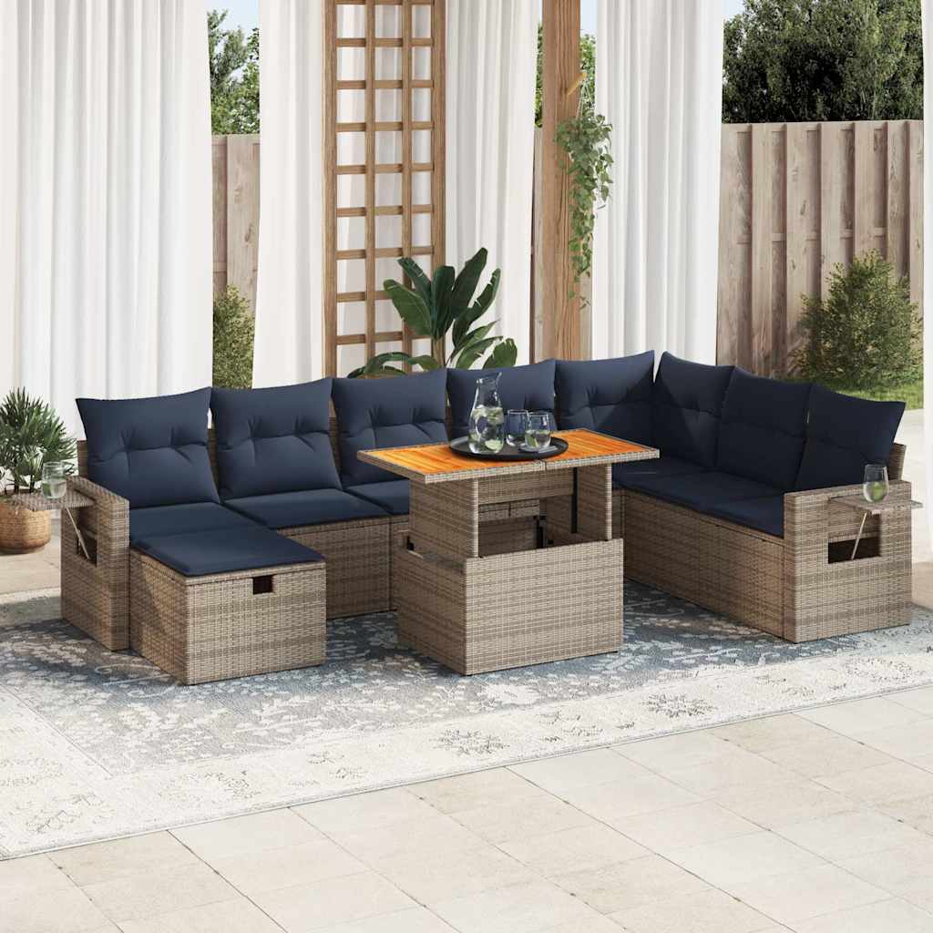 vidaXL Salon de jardin avec coussins 9 pcs gris résine tressée acacia