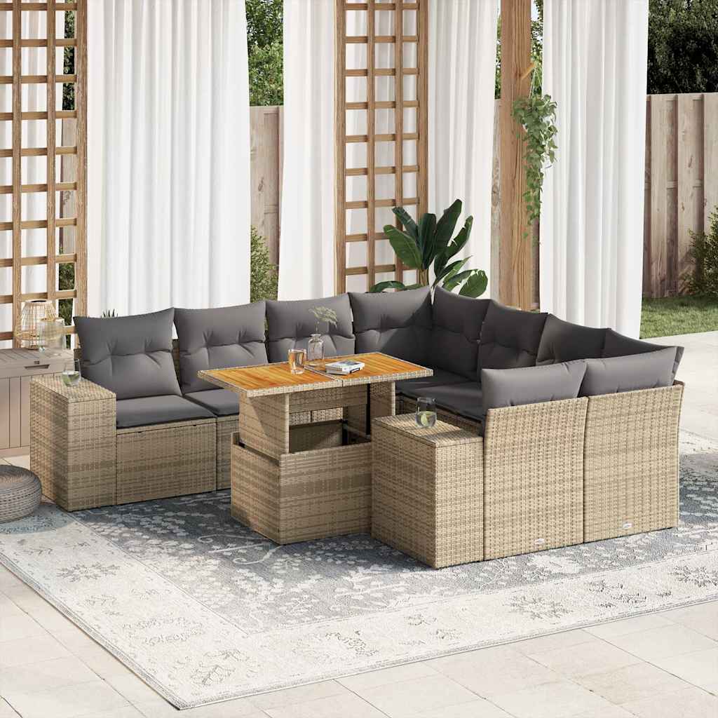 vidaXL Salon de jardin avec coussins 9 pcs beige résine tressée