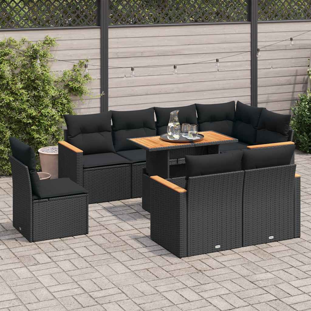 vidaXL Salon de jardin avec coussins 9 pcs noir résine tressée acacia