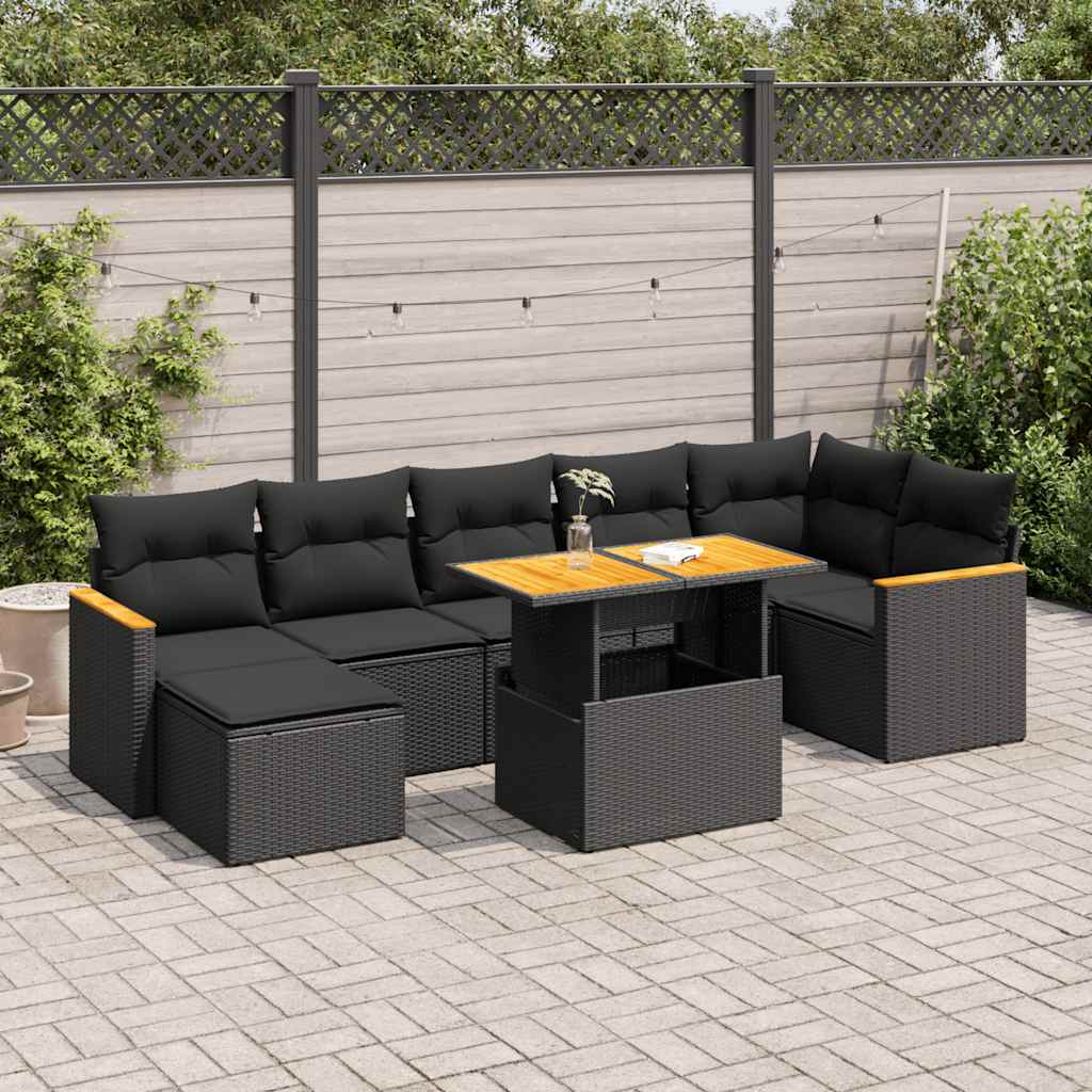 vidaXL Salon de jardin avec coussins 8 pcs noir résine tressée acacia