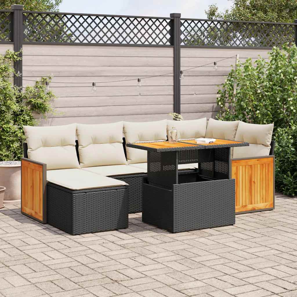 vidaXL Salon de jardin avec coussins 7 pcs noir résine tressée acacia