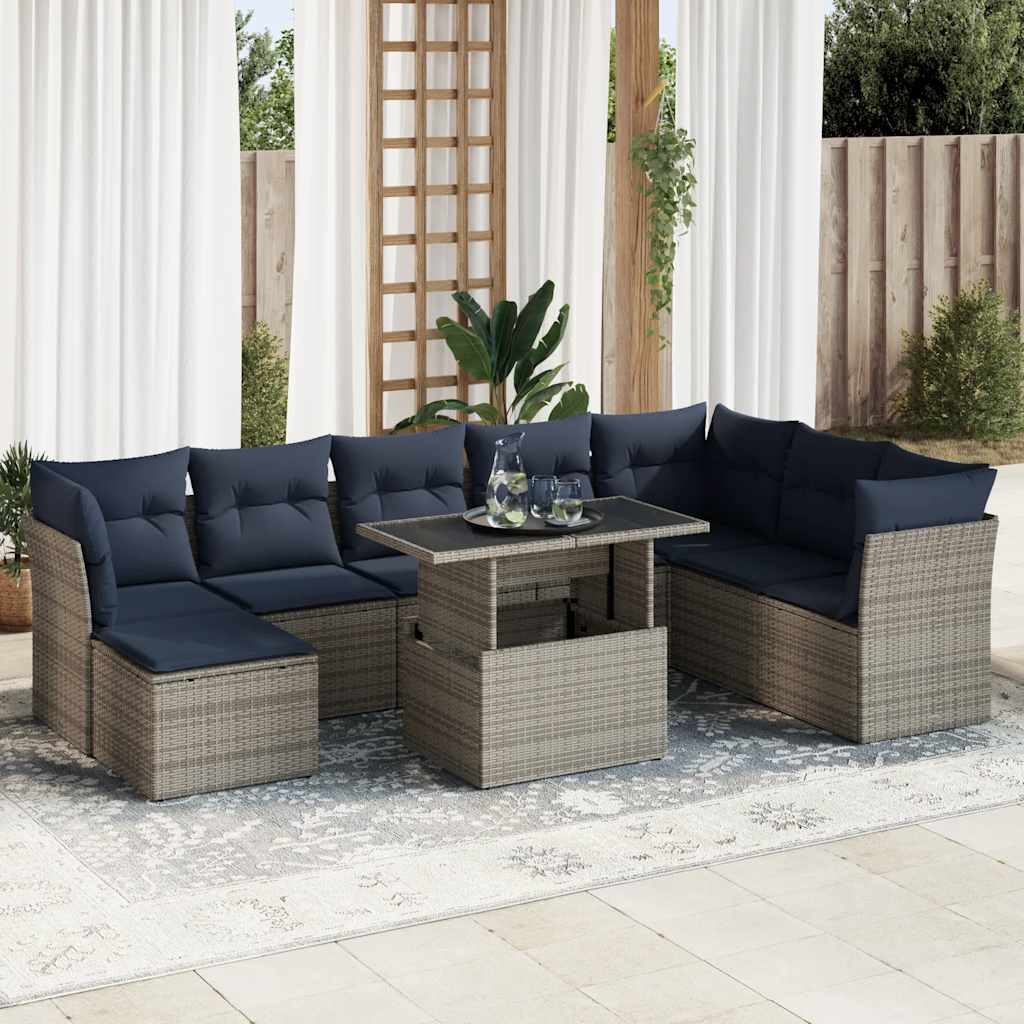 vidaXL Salon de jardin avec coussins 9 pcs gris résine tressée acacia