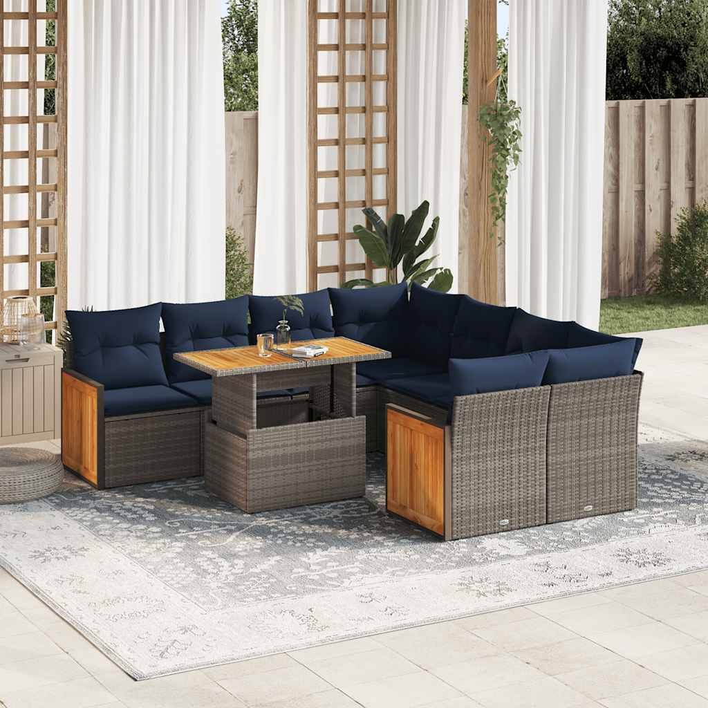 vidaXL Salon de jardin avec coussins 9 pcs gris résine tressée acacia