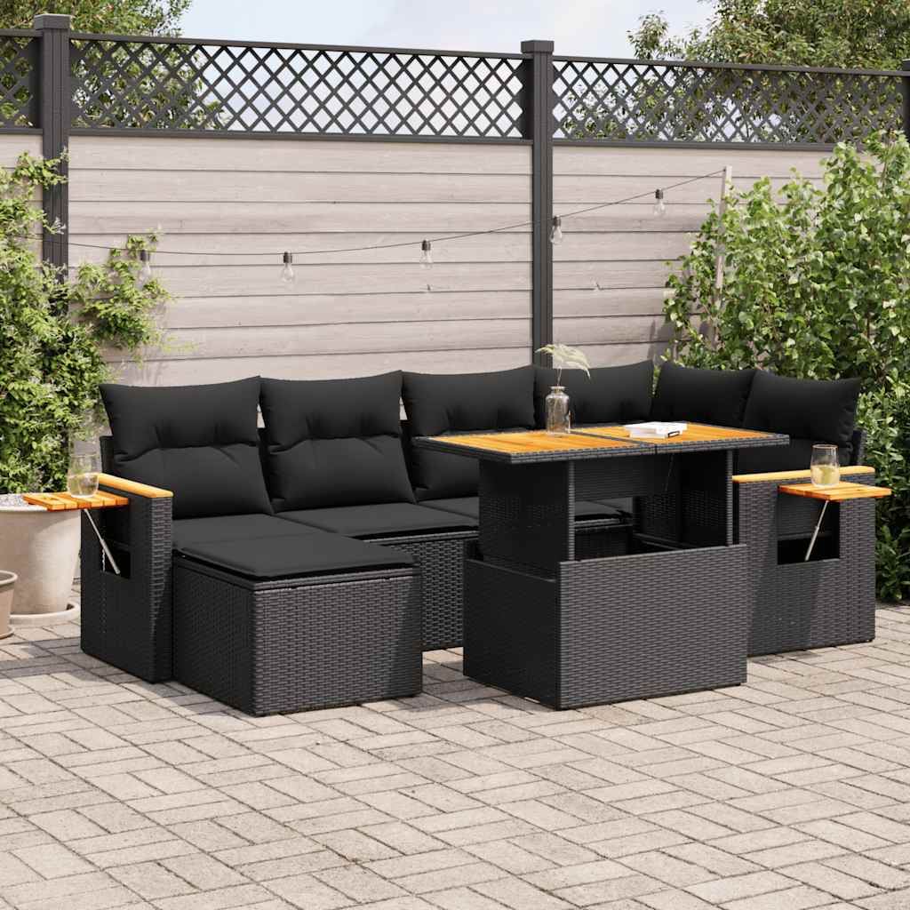 vidaXL Salon de jardin avec coussins 7 pcs noir résine tressée acacia