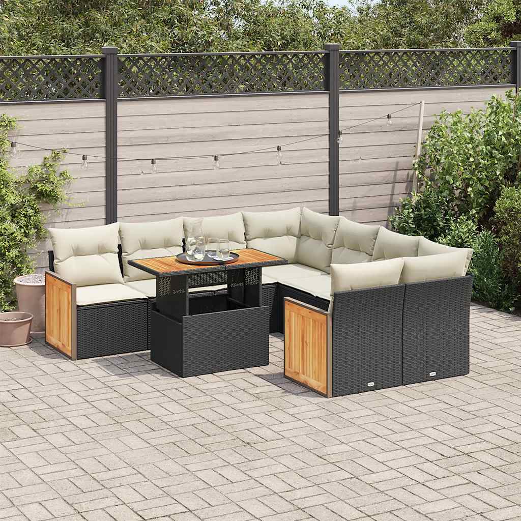 vidaXL Salon de jardin avec coussins 9 pcs noir résine tressée acacia