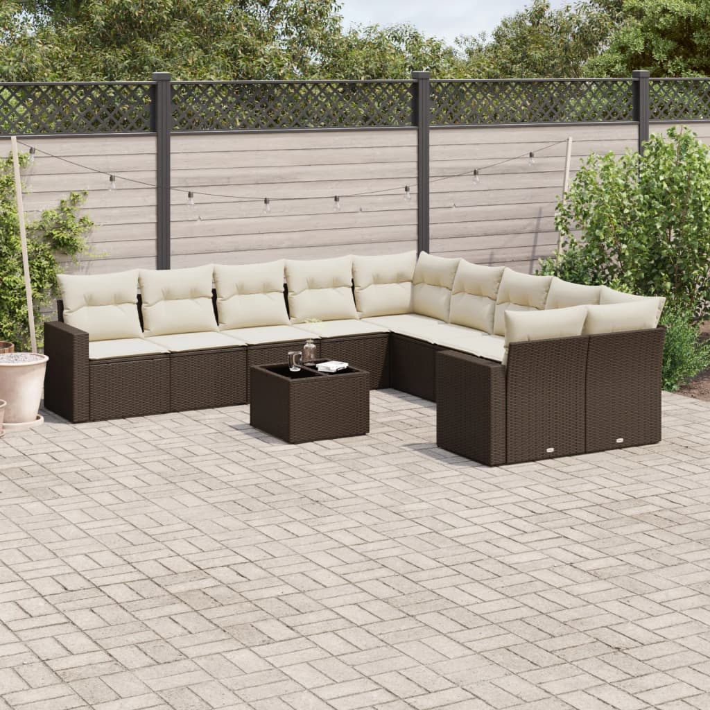 vidaXL Salon de jardin et coussins 11 pcs marron résine tressée