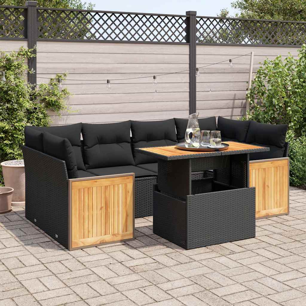 vidaXL Salon de jardin avec coussins 7 pcs noir résine tressée acacia