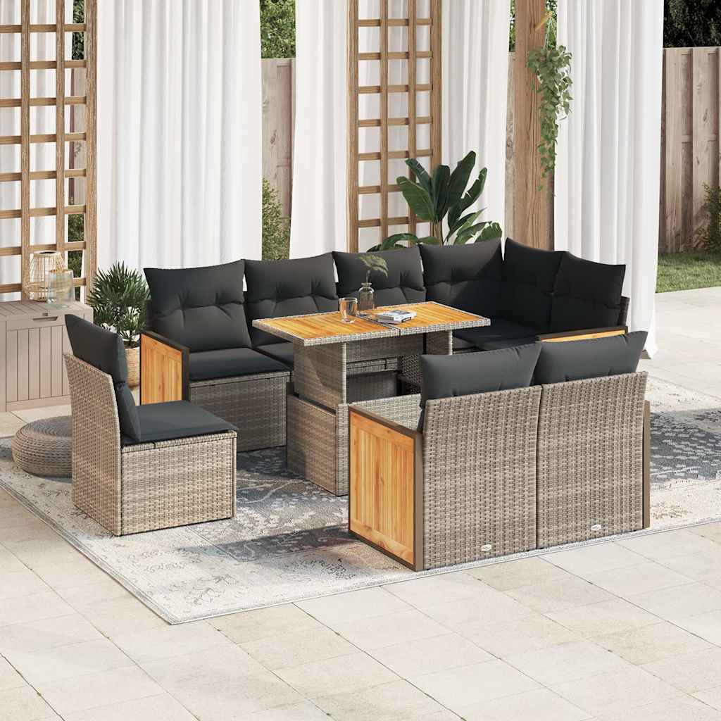 vidaXL Salon de jardin avec coussins 9 pcs gris résine tressée acacia