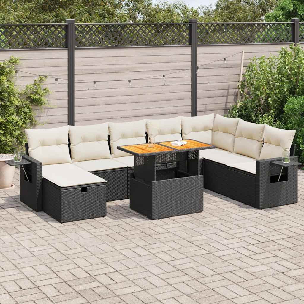 vidaXL Salon de jardin avec coussins 9 pcs noir résine tressée acacia