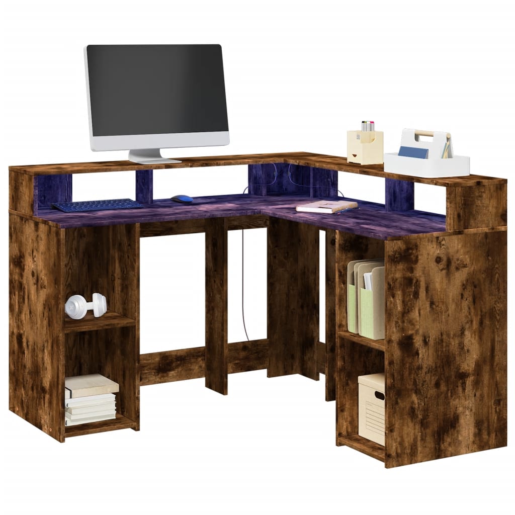 vidaXL Bureau et lumières LED chêne fumé 130x130x91cm bois ingénierie
