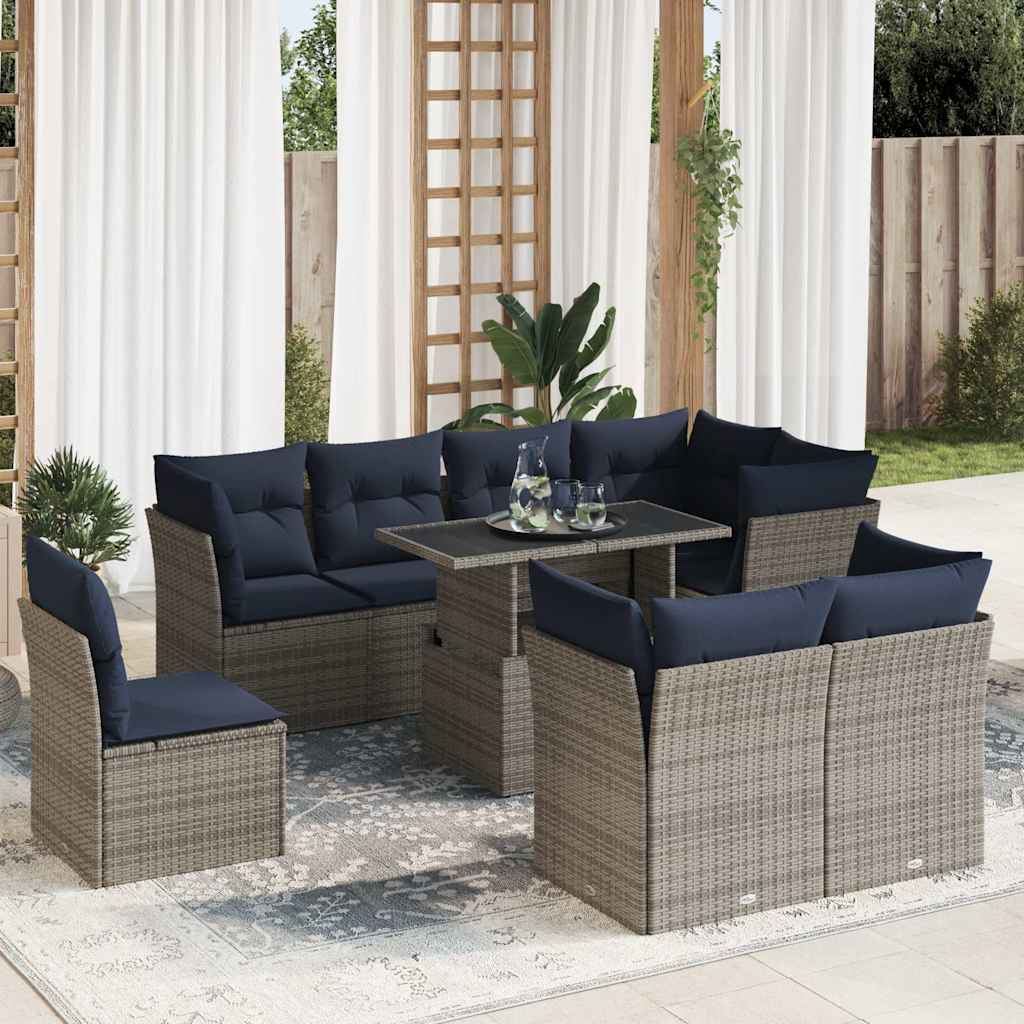 vidaXL Salon de jardin avec coussins 9 pcs gris résine tressée acacia