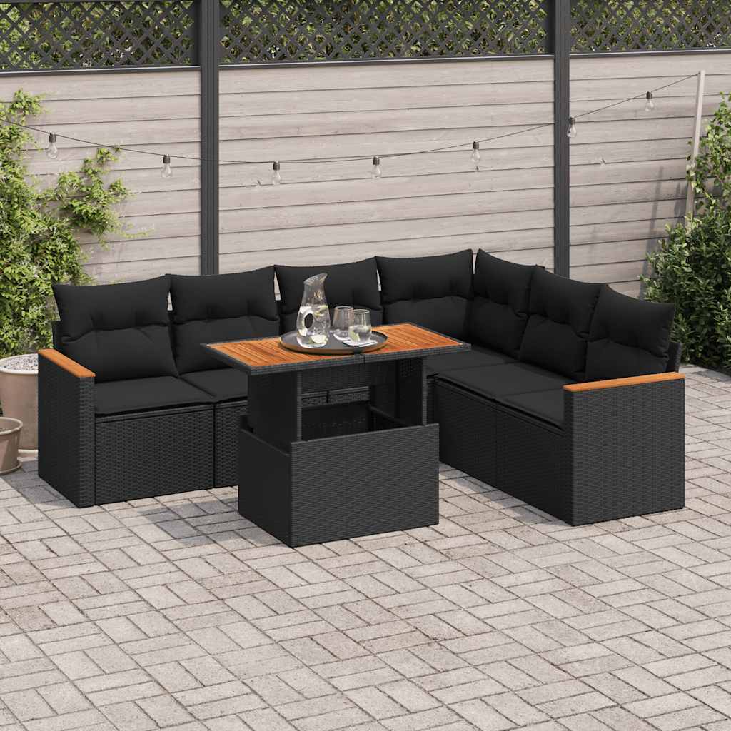 vidaXL Salon de jardin avec coussins 7 pcs noir résine tressée acacia
