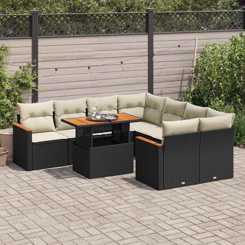 vidaXL Salon de jardin avec coussins 9 pcs noir résine tressée acacia