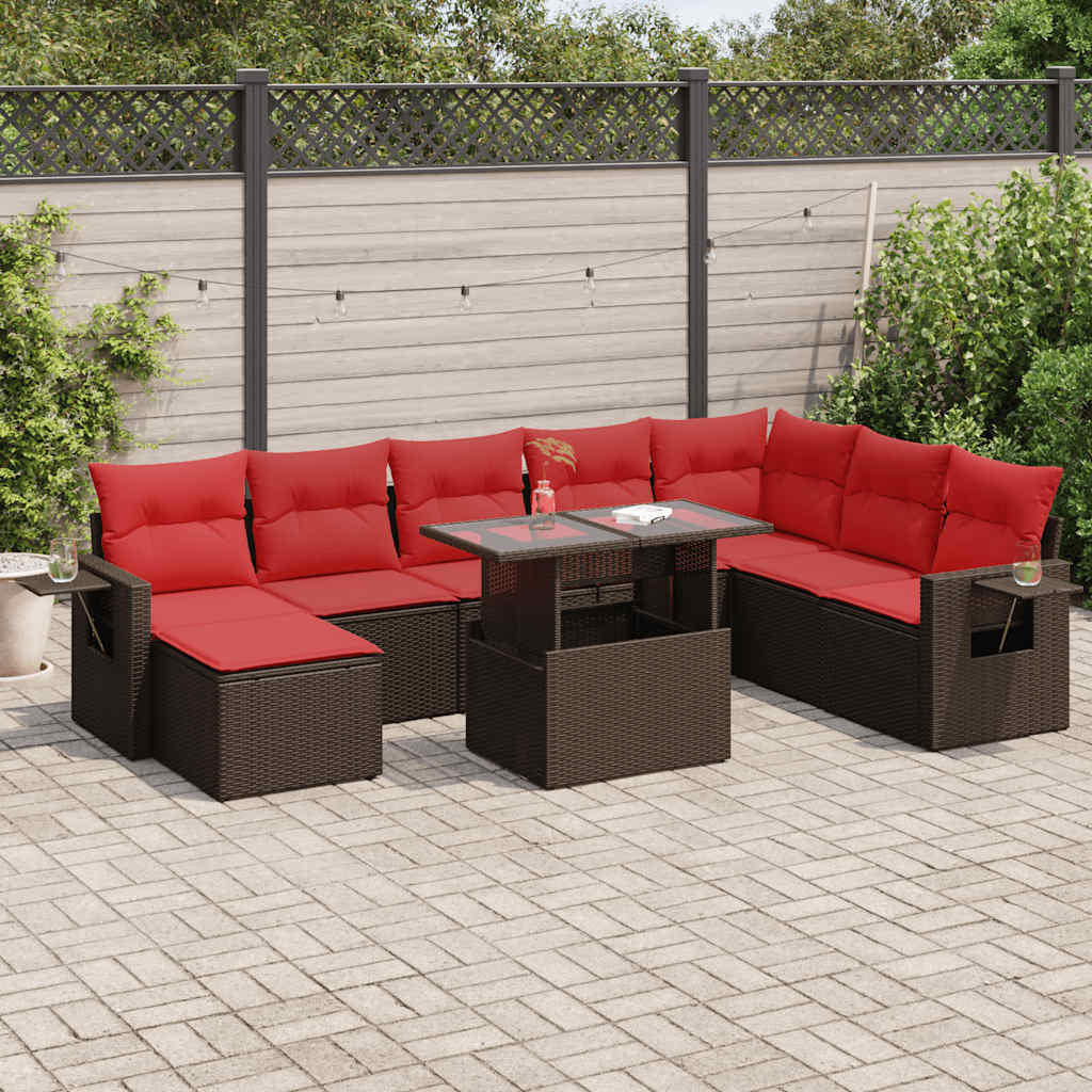 vidaXL Salon de jardin avec coussins 9 pcs marron résine tressée acacia