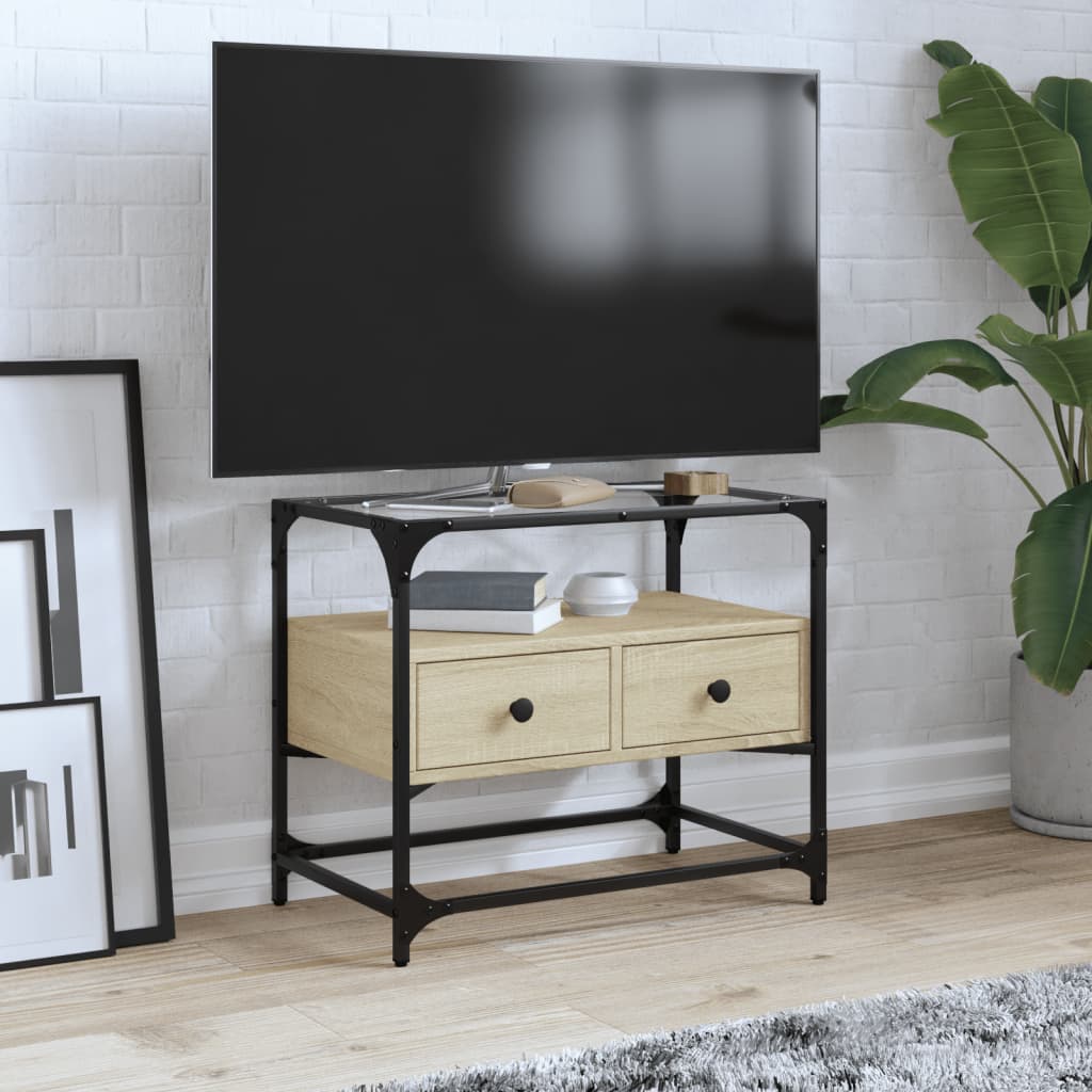 vidaXL Meuble TV avec dessus en verre chêne sonoma bois d'ingénierie