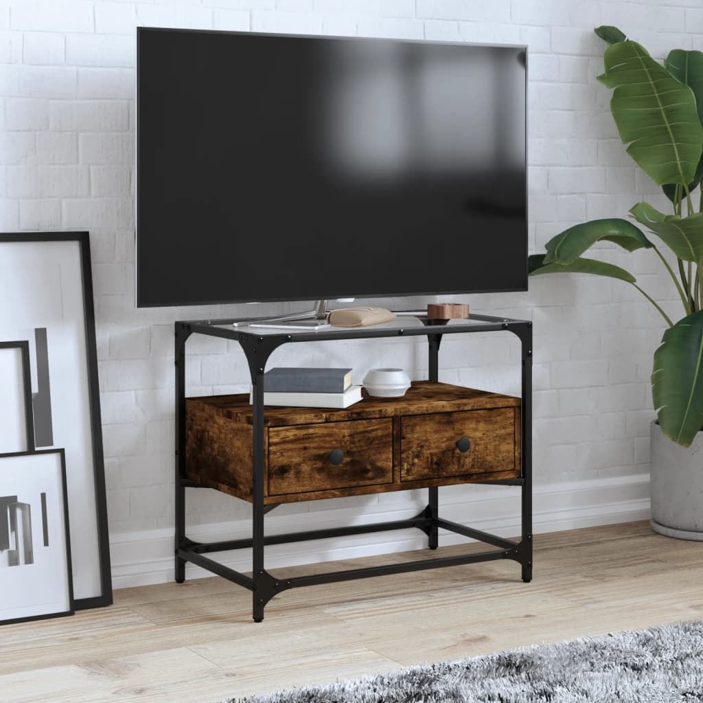 vidaXL Meuble TV avec dessus en verre chêne fumé bois d'ingénierie