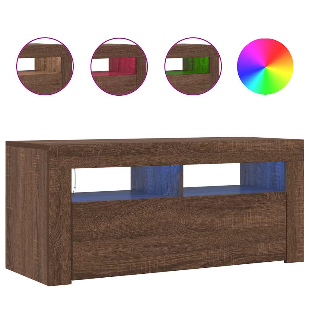 vidaXL Meuble TV avec lumières LED Chêne marron 90x35x40 cm - Image 5