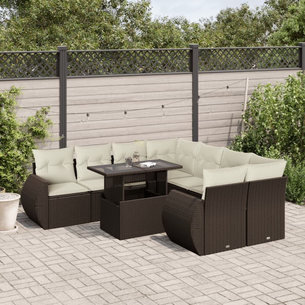 vidaXL Salon de jardin avec coussins 9 pcs marron résine tressée