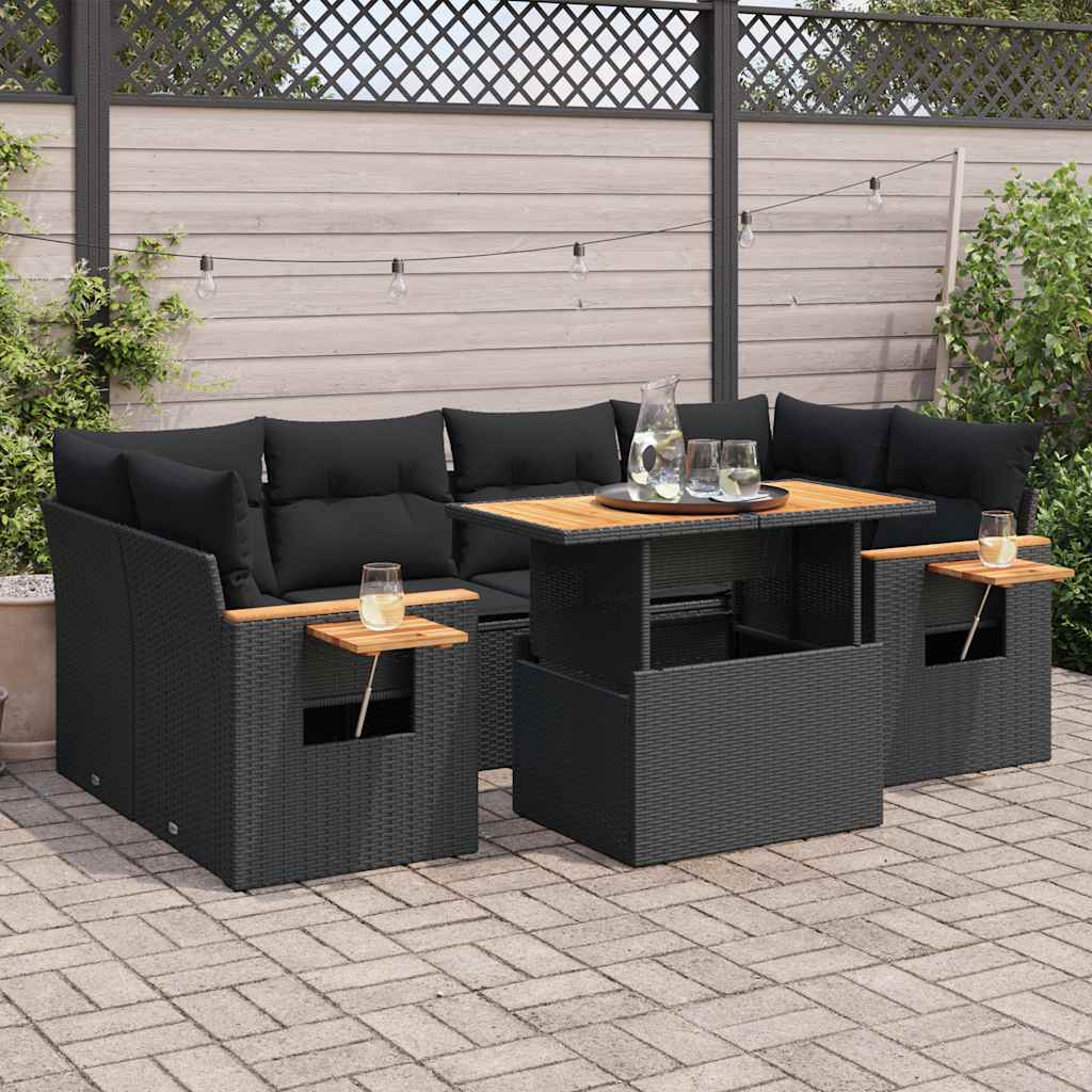 vidaXL Salon de jardin avec coussins 7 pcs noir résine tressée acacia