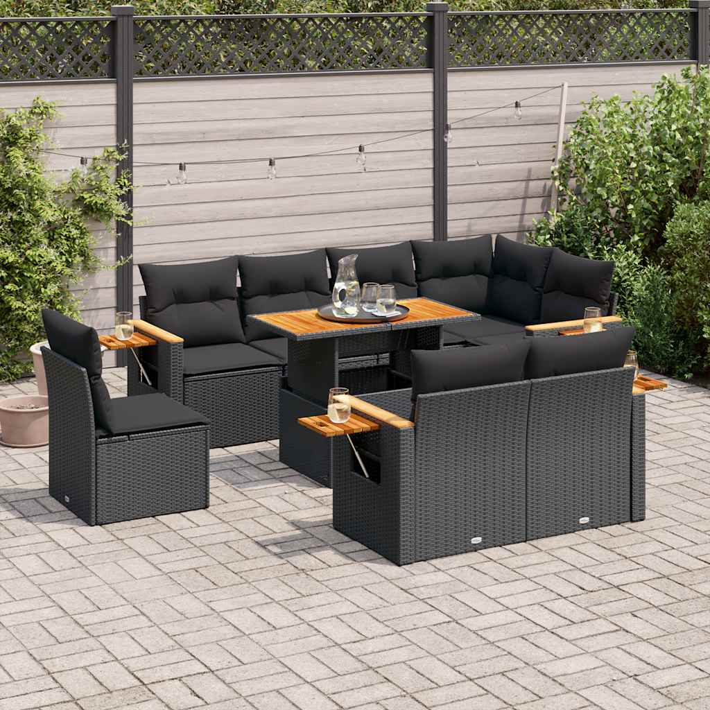 vidaXL Salon de jardin avec coussins 9 pcs noir résine tressée acacia